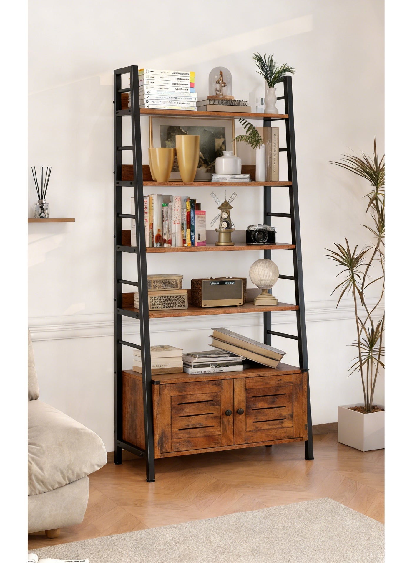 Ladder Shelf with Cabinet, 6-Tier Modern Ladder Bookshelf with Storage Doors, Freestanding Open Display Shelves for Living Room, Bedroom, Home Office, Sturdy Metal Frame, Space-Saving Organizer, Brown, SGG051